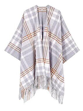Plaid Poncho Shawl Wrap Cape Fringe Grey Open Front One Size Fall Winter Soft